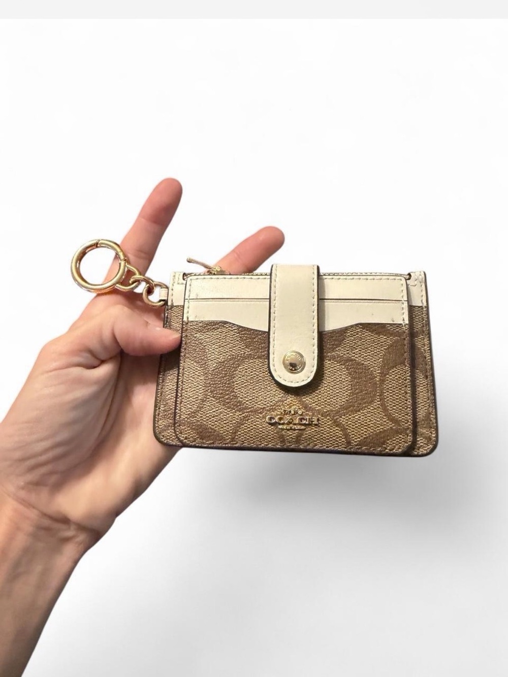 Coach Brown Signature Canvas Card Case with Cream Trim and Keyring